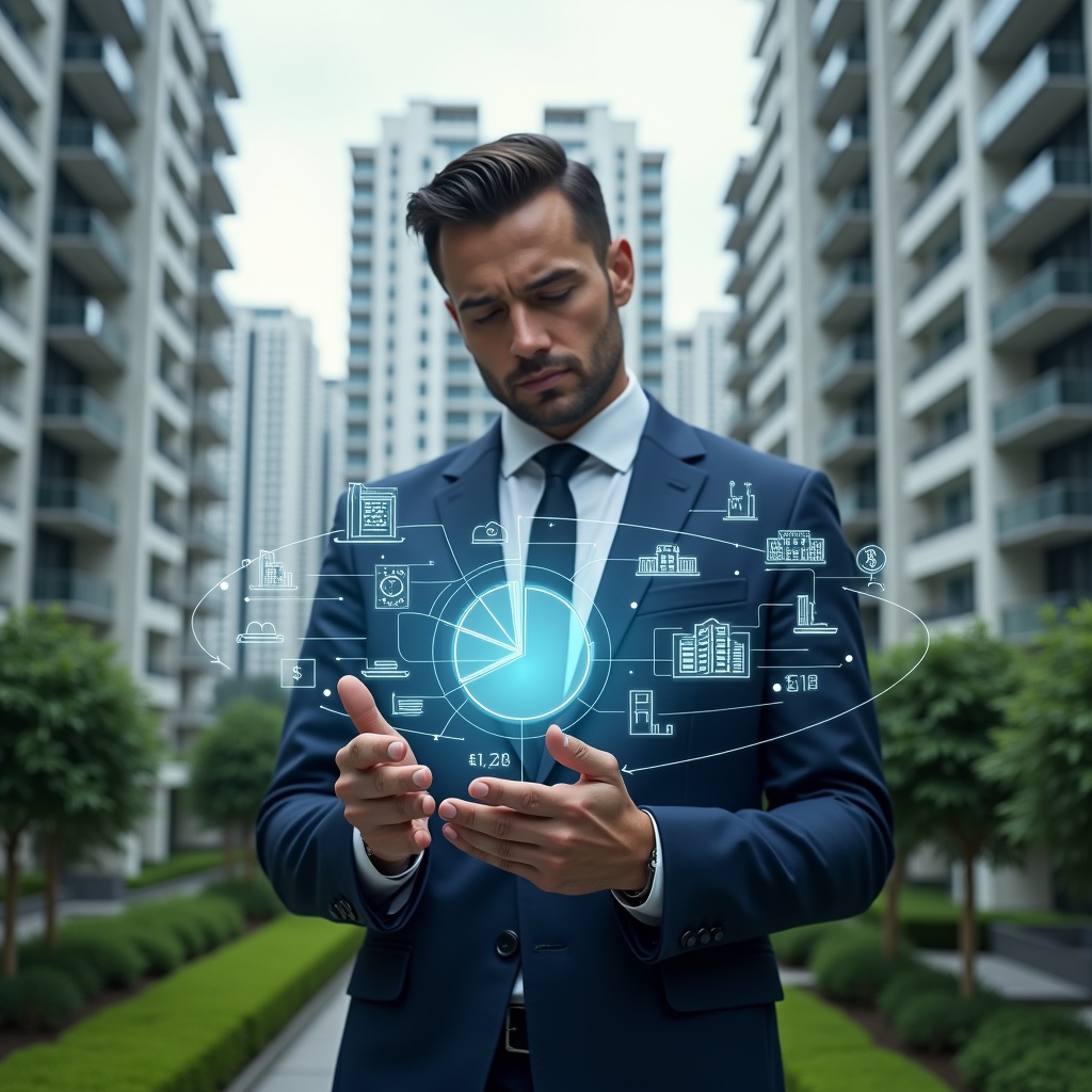 (Ultra-realistic condominium manager in a navy suit, set in a modern luxury condominium environment with high-rise buildings and meticulously landscaped gardens, reviewing a transparent holographic pie chart representing fraction ideal distribution with a thoughtful, confident expression, floating holographic icons of building outlines and currency symbols, cinematic lighting, shallow depth of field, highly detailed textures, realistic skin, photographic realism, 8k resolution --ar 1:1 --v 6)