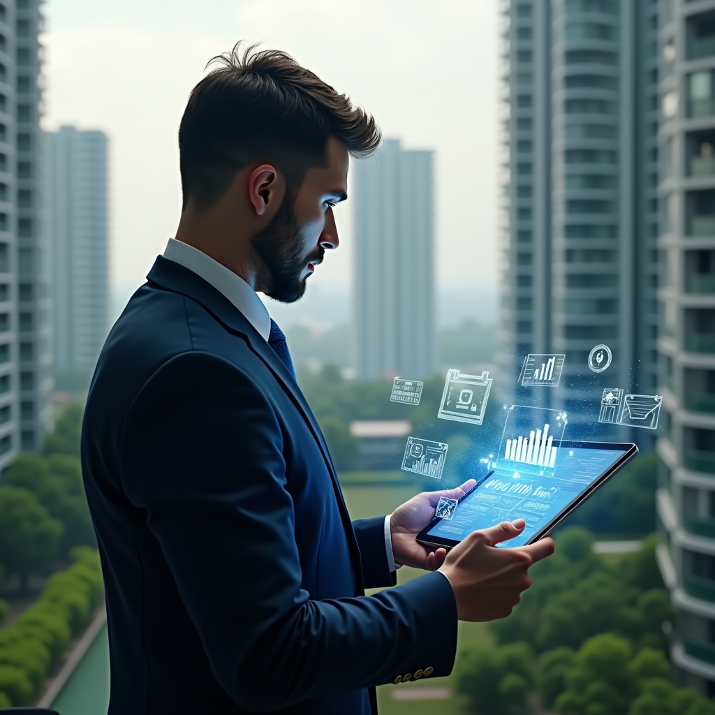 Ultra-realistic condo manager in a navy executive suit, set in a modern luxury condominium environment with high-rise buildings and meticulously landscaped greenery, holding a tablet projecting a holographic interface of charts, calendars, and message icons, confidently analyzing digital workflows, cinematic lighting, shallow depth of field, highly detailed textures, realistic skin, photographic realism, 8k resolution --ar 1:1 --v 6