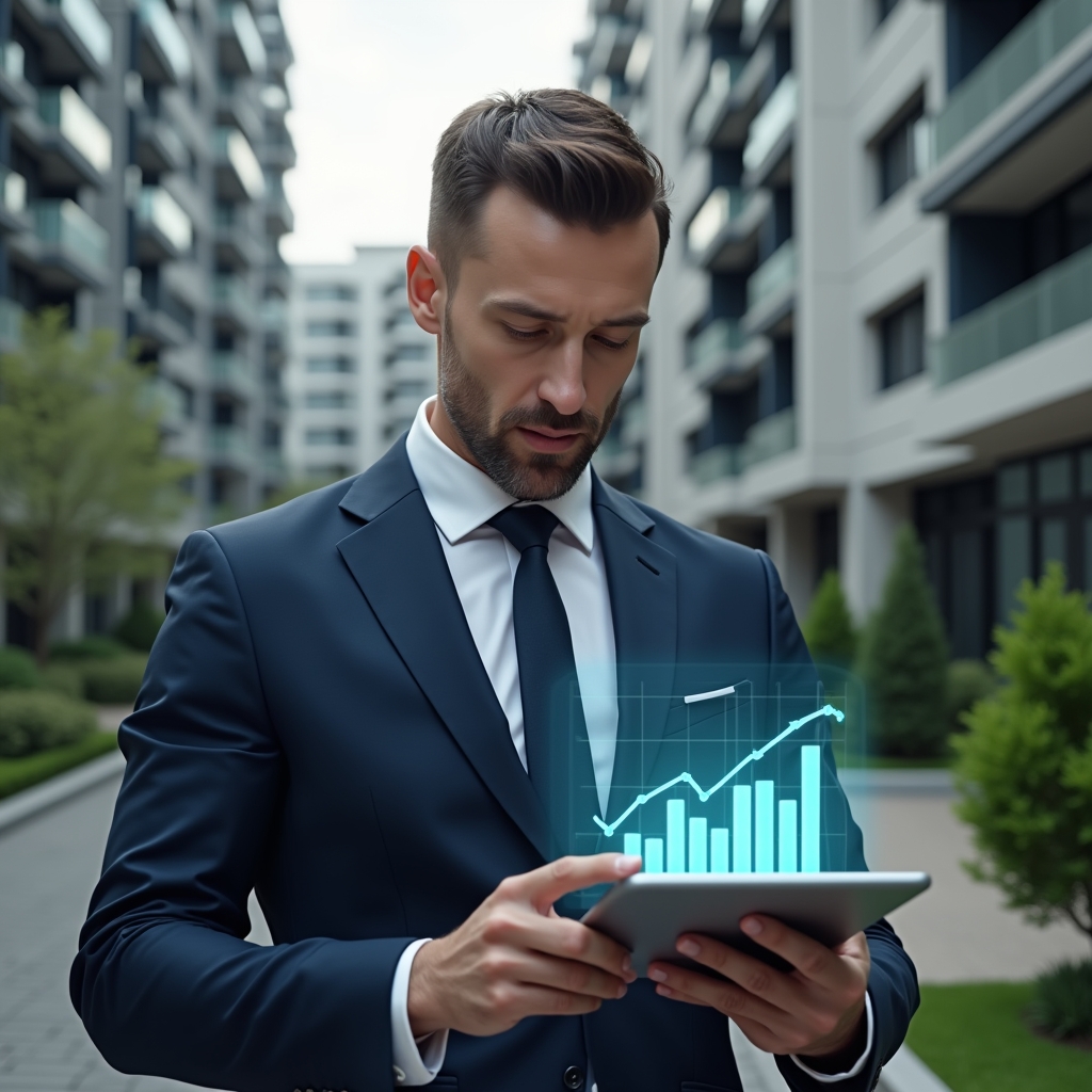 (Ultra-realistic condominium manager in a navy suit, set in a modern luxury condominium environment with high-rise buildings and manicured green landscaping, holding and analyzing holographic financial charts above a sleek tablet, a translucent ledger icon hovering beside, confident and focused expression, cinematic lighting, shallow depth of field, highly detailed textures, realistic skin, photographic realism, 8k resolution --ar 1:1 --v 6)