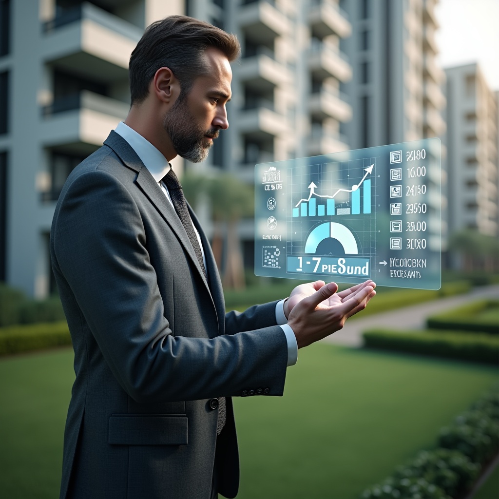 (Ultra-realistic condominium manager in a charcoal gray suit, set in a modern luxury condominium environment with high-rise buildings and manicured green landscaping, holding a transparent holographic financial report displaying a reserve fund gauge, thoughtfully analyzing monthly expense charts, subtle icons of coins and ledger pages floating around, cinematic lighting, shallow depth of field, highly detailed textures, realistic skin, photographic realism, 8k resolution --ar 1:1 --v 6)