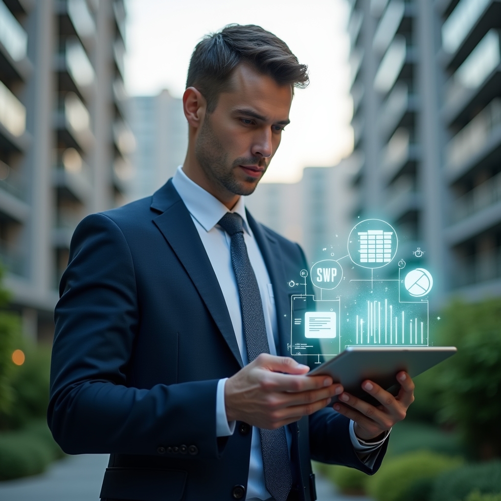 (Ultra-realistic condominium manager in a navy suit, set in a modern luxury condominium environment with high-rise buildings and green landscaping, holding a tablet displaying floating holographic invoices and payment charts, tapping and analyzing digital billing holograms, futuristic icons of money and invoices swirling around, confident and focused expression, cinematic lighting, shallow depth of field, highly detailed textures, realistic skin, photographic realism, 8k resolution --ar 1:1 --v 6)