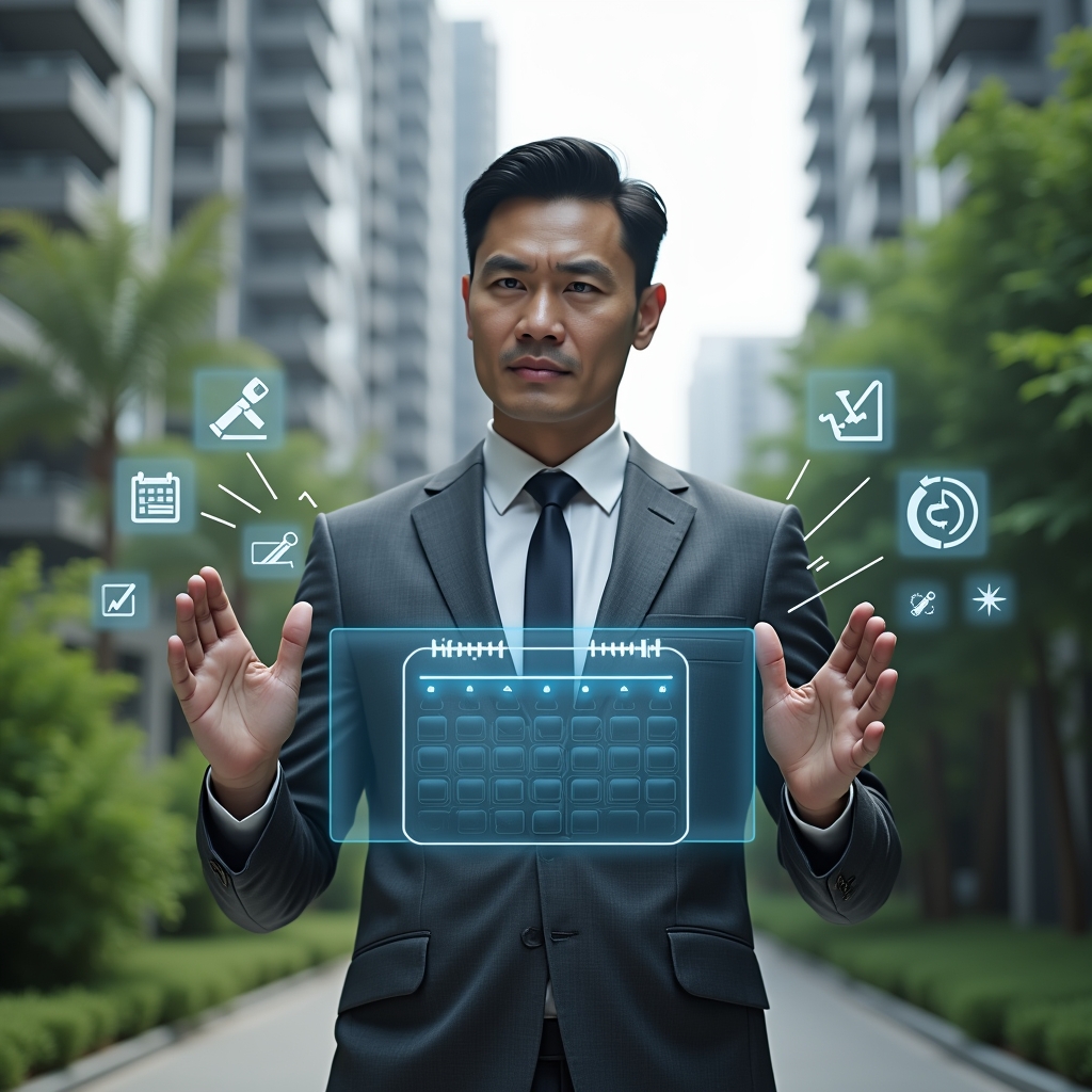 Ultra-realistic condominium manager in a charcoal gray suit, set in a modern luxury condominium environment with high-rise buildings and lush green landscaping, interacting with a floating holographic calendar interface to schedule tasks, holographic icons of maintenance tools and checkmarks surrounding them, confident and focused expression, cinematic lighting, shallow depth of field, highly detailed textures, realistic skin, photographic realism, 8k resolution --ar 1:1 --v 6