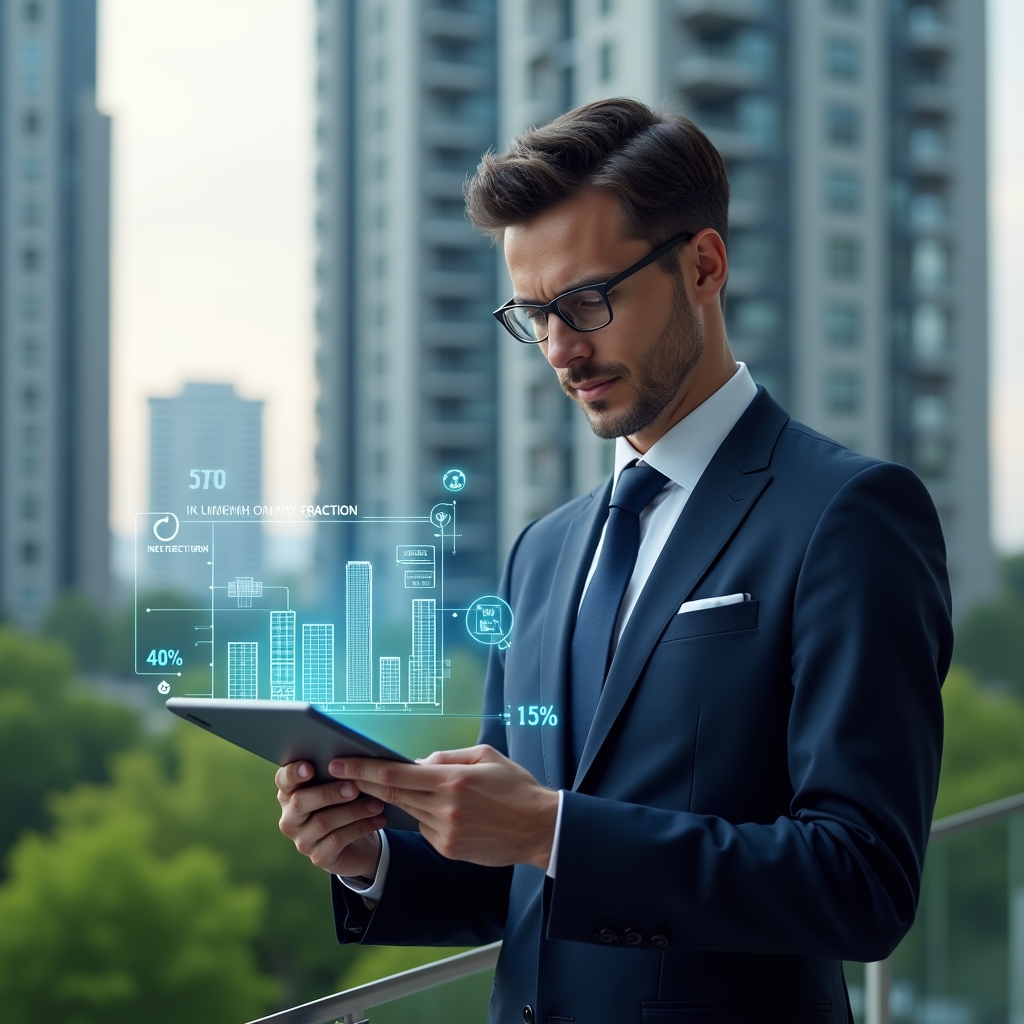 Ultra-realistic condominium manager in a navy blue suit, set in a modern luxury condominium environment with high-rise buildings and lush green landscaping, analyzing a floating holographic chart of unit fractions and percentages on a sleek tablet, holographic numeric overlays representing “ideal fraction,” confident and focused expression, cinematic lighting, shallow depth of field, highly detailed textures, realistic skin, photographic realism, 8k resolution --ar 1:1 --v 6