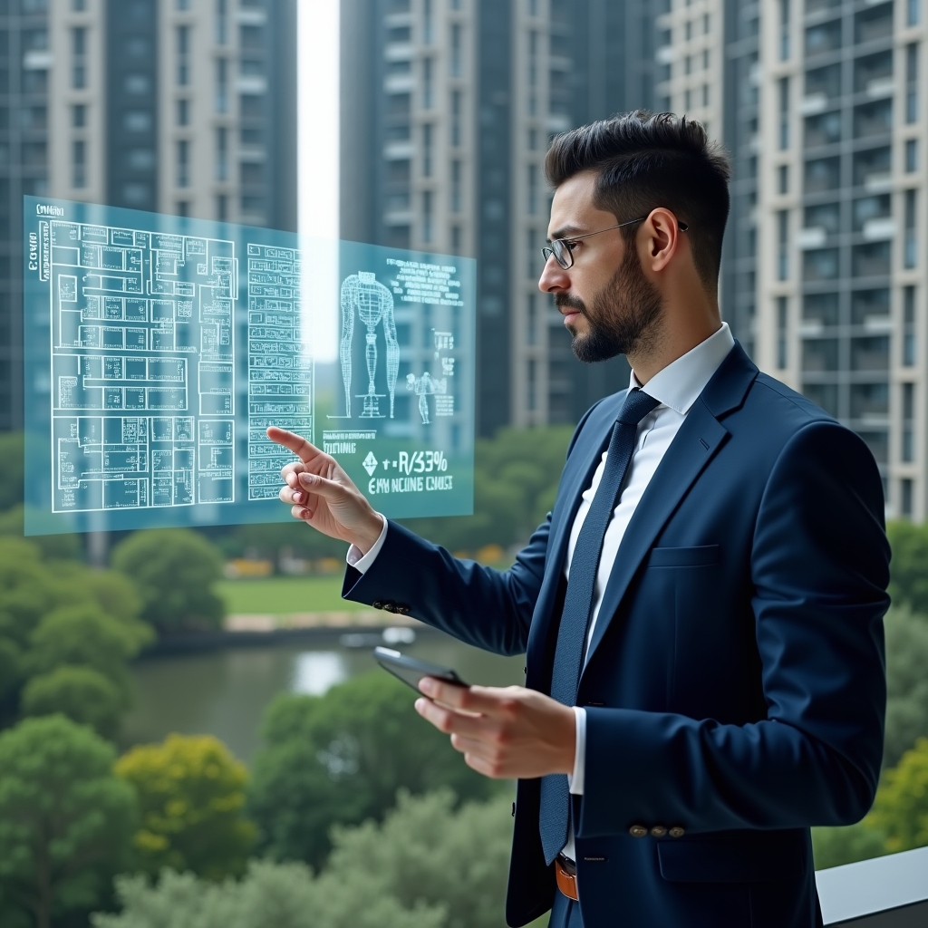 Ultra-realistic condominium manager in a navy executive suit, set in a modern luxury condominium environment with high-rise buildings and meticulously landscaped green areas, examining a holographic floor plan displaying fractional percentages and cost distribution charts, confident and focused expression, cinematic lighting, shallow depth of field, highly detailed textures, realistic skin, photographic realism, 8k resolution --ar 1:1 --v 6