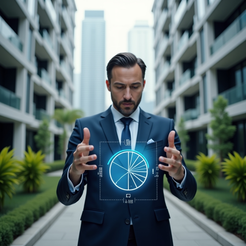 (Ultra-realistic condominium manager in a dark blue suit, set in a modern luxury condominium environment with high-rise buildings and manicured green landscaping, analyzing a holographic pie chart that represents expense fractions, floating icons of buildings and calculator symbols around him, confident and focused expression, cinematic lighting, shallow depth of field, highly detailed textures, realistic skin, photographic realism, 8k resolution --ar 1:1 --v 6)