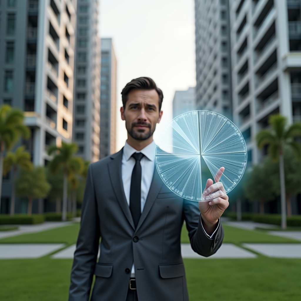 Ultra-realistic condominium manager in a charcoal gray tailored suit, set in a modern luxury condominium environment with high-rise buildings and manicured green landscaping, holding a transparent holographic pie chart of unit fractions and pointing at precise division lines, a floating legal scales icon beside them symbolizing judicial backing, cinematic lighting, shallow depth of field, highly detailed textures, realistic skin, photographic realism, 8k resolution --ar 1:1 --v 6