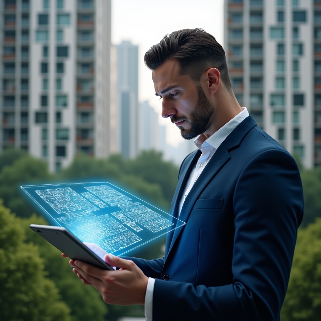 Ultra-realistic condominium manager in a navy blue suit, set in a modern luxury condominium environment with high-rise buildings and lush green landscaping, analyzing a holographic blueprint of unit floor plans showing fractional percentages projected from a tablet, confident and focused expression, cinematic lighting, shallow depth of field, highly detailed textures, realistic skin, photographic realism, 8k resolution --ar 1:1 --v 6