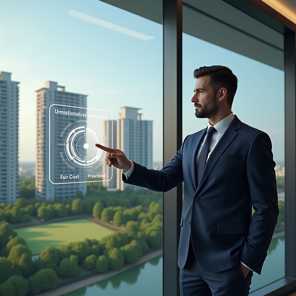 Ultra-realistic condominium manager in a tailored navy suit, set in a modern luxury condominium environment with high-rise buildings and manicured green landscaping, standing in a sleek glass office overlooking the complex, confidently pointing at a holographic pie chart representing unit fractional ownership and fair cost distribution, cinematic lighting, shallow depth of field, highly detailed textures, realistic skin, photographic realism, 8k resolution --ar 1:1 --v 6