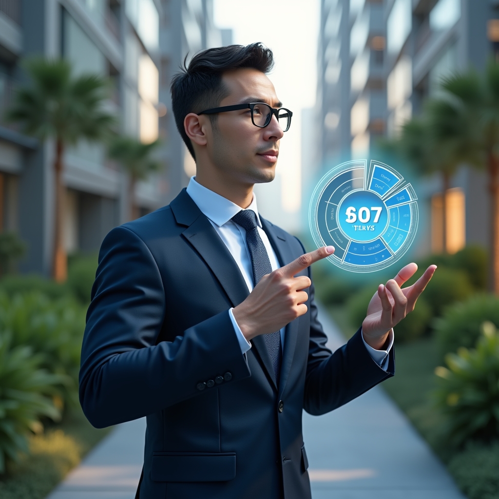 Ultra-realistic condominium manager in a navy blue tailored suit, set in a modern luxury condominium environment with high-rise buildings and lush green landscaping, standing in a medium close-up shot, confidently pointing at a holographic pie chart representing unit shares, with translucent icons of scales and calculator floating beside, cinematic lighting, shallow depth of field, highly detailed textures, realistic skin, photographic realism, 8k resolution --ar 1:1 --v 6