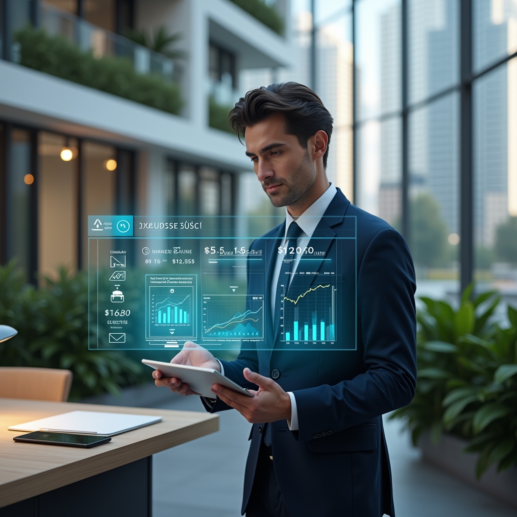 (Ultra-realistic condominium manager in a navy suit, set in a modern luxury condominium environment with high-rise buildings and manicured greenery, standing at a sleek desk while analyzing holographic financial spreadsheets projected from a tablet, floating charts and expense icons representing ordinary and extraordinary costs, confident and focused expression, cinematic lighting, shallow depth of field, highly detailed textures, realistic skin, photographic realism, 8k resolution --ar 1:1 --v 6)