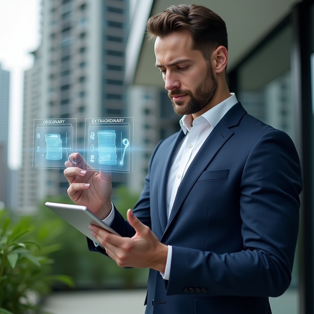 Ultra-realistic condominium manager in a navy blue executive suit, set in a modern luxury condominium environment with high-rise buildings and green landscaping, holding a digital tablet displaying two holographic icons labeled “Ordinary” (stacked coins) and “Extraordinary” (repair wrench), examining financial data with a confident, focused expression, subtle floating expense charts and icons around, cinematic lighting, shallow depth of field, highly detailed textures, realistic skin, photographic realism, 8k resolution --ar 1:1 --v 6