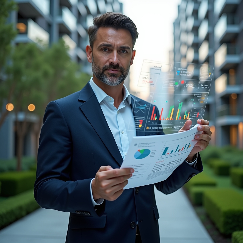 (Ultra-realistic condominium manager in a tailored navy suit, set in a modern luxury condominium environment with high-rise buildings and manicured green landscaping, holding and reviewing a transparent holographic financial report with colorful charts and graphs, surrounded by floating icons of pie charts and ledger entries, confident and focused expression, cinematic lighting, shallow depth of field, highly detailed textures, realistic skin, photographic realism, 8k resolution --ar 1:1 --v 6)