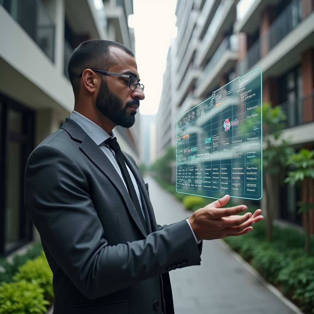 Ultra-realistic condominium manager in a charcoal grey suit, set in a modern luxury condominium environment with high-rise buildings and manicured greenery, reviewing a holographic calendar timeline with a confident, focused expression, floating schedule icons and task markers around them, cinematic lighting, shallow depth of field, highly detailed textures, realistic skin, photographic realism, 8k resolution --ar 1:1 --v 6