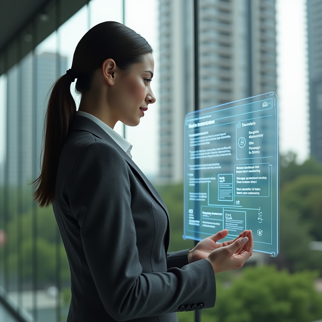 (Ultra-realistic professional property manager in a charcoal gray suit, set in a modern luxury condominium environment with high-rise buildings and manicured green landscaping, medium shot of a confident female syndic reviewing a floating holographic calendar and task timeline, digital icons for maintenance, assembly and finance hovering beside her, cinematic lighting, shallow depth of field, highly detailed textures, realistic skin, photographic realism, 8k resolution --ar 1:1 --v 6)