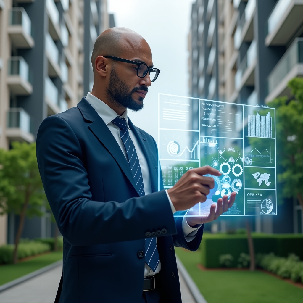 (Ultra-realistic condominium manager in a navy blue executive suit, set in a modern luxury condominium environment with high-rise buildings and manicured green landscaping, medium shot reviewing a holographic checklist of management criteria floating before them, holographic financial charts and gear icons symbolizing operational optimization, confident and analytical expression, cinematic lighting, shallow depth of field, highly detailed textures, realistic skin, photographic realism, 8k resolution --ar 1:1 --v 6)