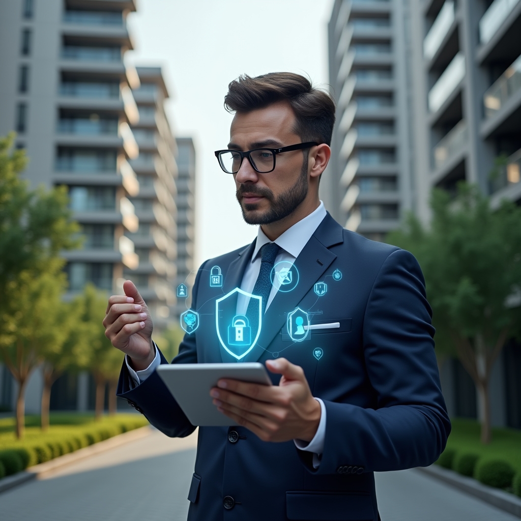 (Ultra-realistic condominium manager in a navy suit, set in a modern luxury condominium environment with high-rise buildings and manicured green landscaping, holding a tablet displaying holographic icons of security shields, gears, and headset symbols as he analyzes data, confident and thoughtful expression, cinematic lighting, shallow depth of field, highly detailed textures, realistic skin, photographic realism, 8k resolution --ar 1:1 --v 6)