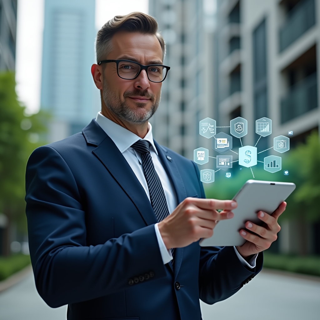 (Ultra-realistic condominium manager in a navy blue suit, set in a modern luxury condominium environment with high-rise buildings and green landscaping, mid-shot of a confident professional holding a tablet displaying a holographic condo management app interface, floating UI icons for reservations and financial charts around the device, cinematic lighting, shallow depth of field, highly detailed textures, realistic skin, photographic realism, 8k resolution --ar 1:1 --v 6)