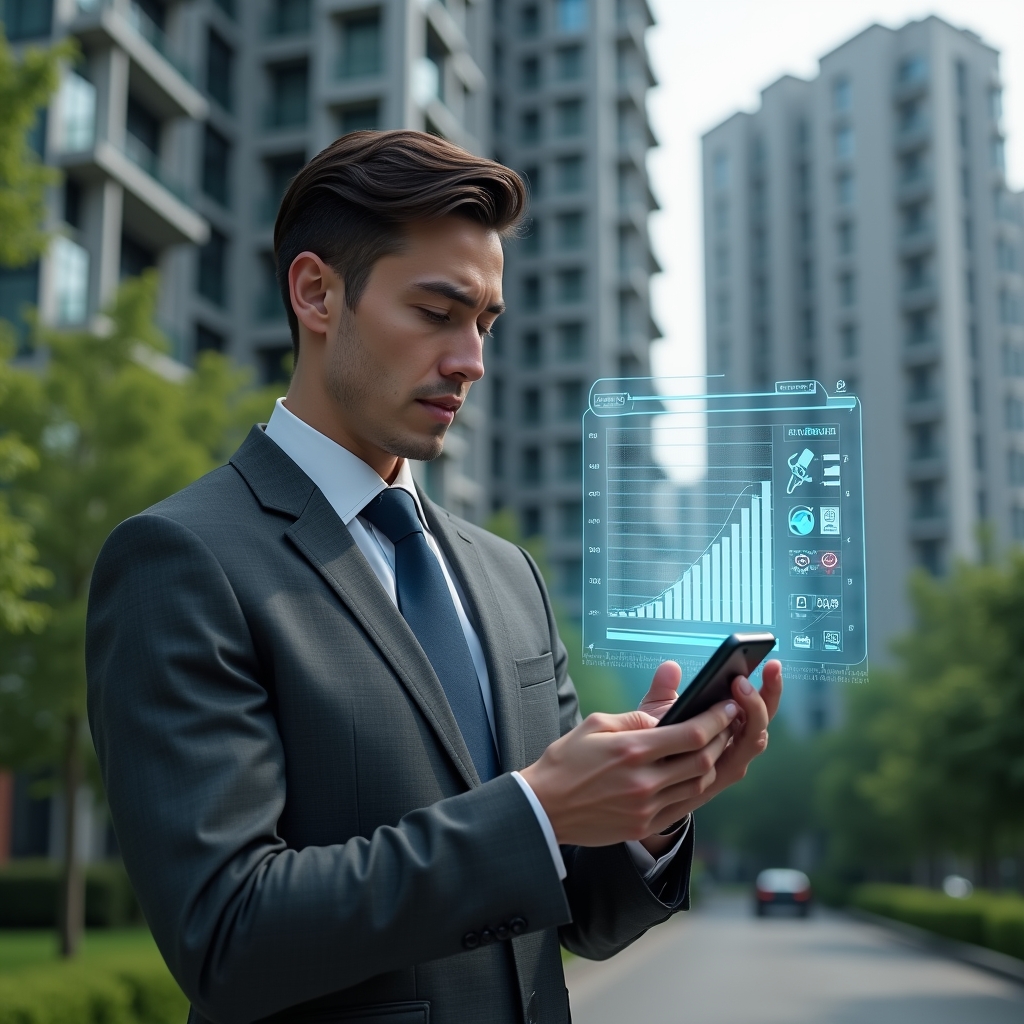 Ultra-realistic condominium manager in a charcoal gray suit, set in a modern luxury condominium environment with high-rise buildings and green landscaping, examining a floating holographic smartphone interface displaying charts and app icons, confident and thoughtful expression, cinematic lighting, shallow depth of field, highly detailed textures, realistic skin, photographic realism, 8k resolution --ar 1:1 --v 6