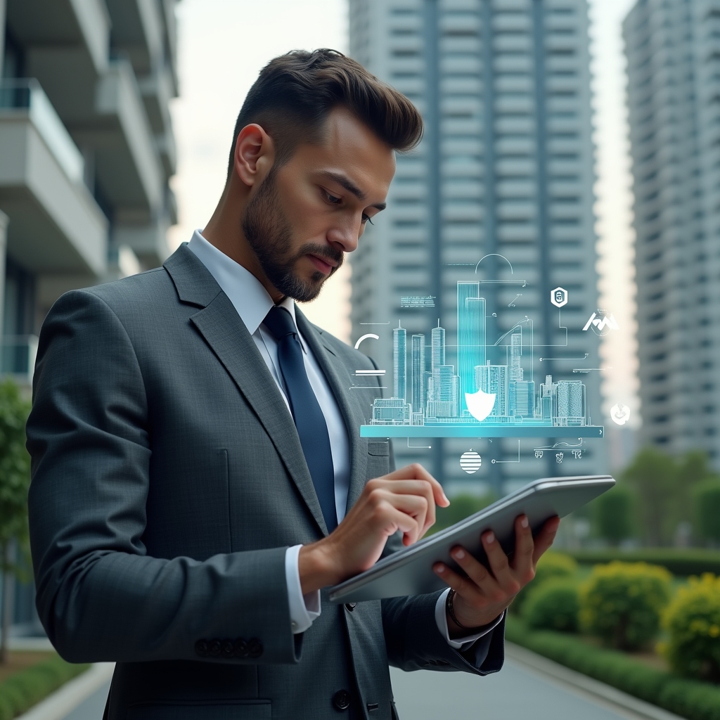 (Ultra-realistic condominium manager in a charcoal gray tailored suit, set in a modern luxury condominium environment with high-rise buildings and manicured green landscaping, analyzing a holographic condominium management app interface with floating icons of building layouts, security shield, and financial charts, confident and focused expression, cinematic lighting, shallow depth of field, highly detailed textures, realistic skin, photographic realism, 8k resolution --ar 1:1 --v 6)