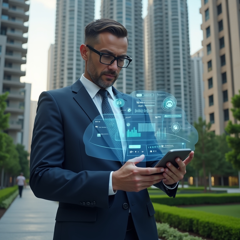 Ultra-realistic condominium manager in a tailored navy suit, set in a modern luxury condominium environment with high-rise buildings and manicured green landscaping, mid shot of the manager confidently interacting with a floating holographic condominium management app interface displaying icons for access control, reservations, billing, cinematic lighting, shallow depth of field, highly detailed textures, realistic skin, photographic realism, 8k resolution --ar 1:1 --v 6