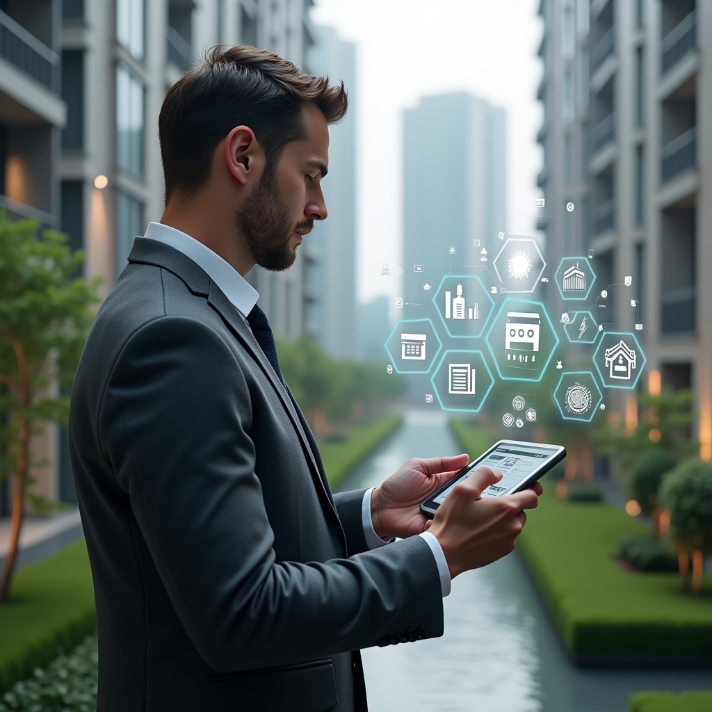 (Ultra-realistic condominium property manager in a charcoal gray suit, set in a modern luxury condominium environment with high-rise buildings and meticulously landscaped gardens, holding a tablet while interacting with a floating holographic interface of app icons—financial charts, calendar, user profiles—conveying analysis and confidence, cinematic lighting, shallow depth of field, highly detailed textures, realistic skin, photographic realism, 8k resolution --ar 1:1 --v 6)