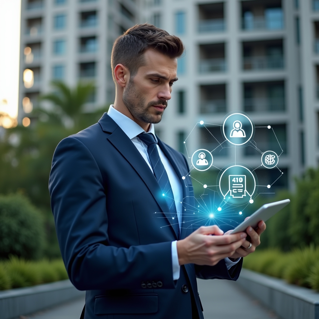 Ultra-realistic condominium manager in a navy blue executive suit, set in a modern luxury condominium environment with high-rise buildings and well-manicured green landscaping, holding a tablet displaying a holographic condominium management app interface, analyzing floating digital icons of residents, payments, and reservations, confident and focused expression, cinematic lighting, shallow depth of field, highly detailed textures, realistic skin, photographic realism, 8k resolution --ar 1:1 --v 6