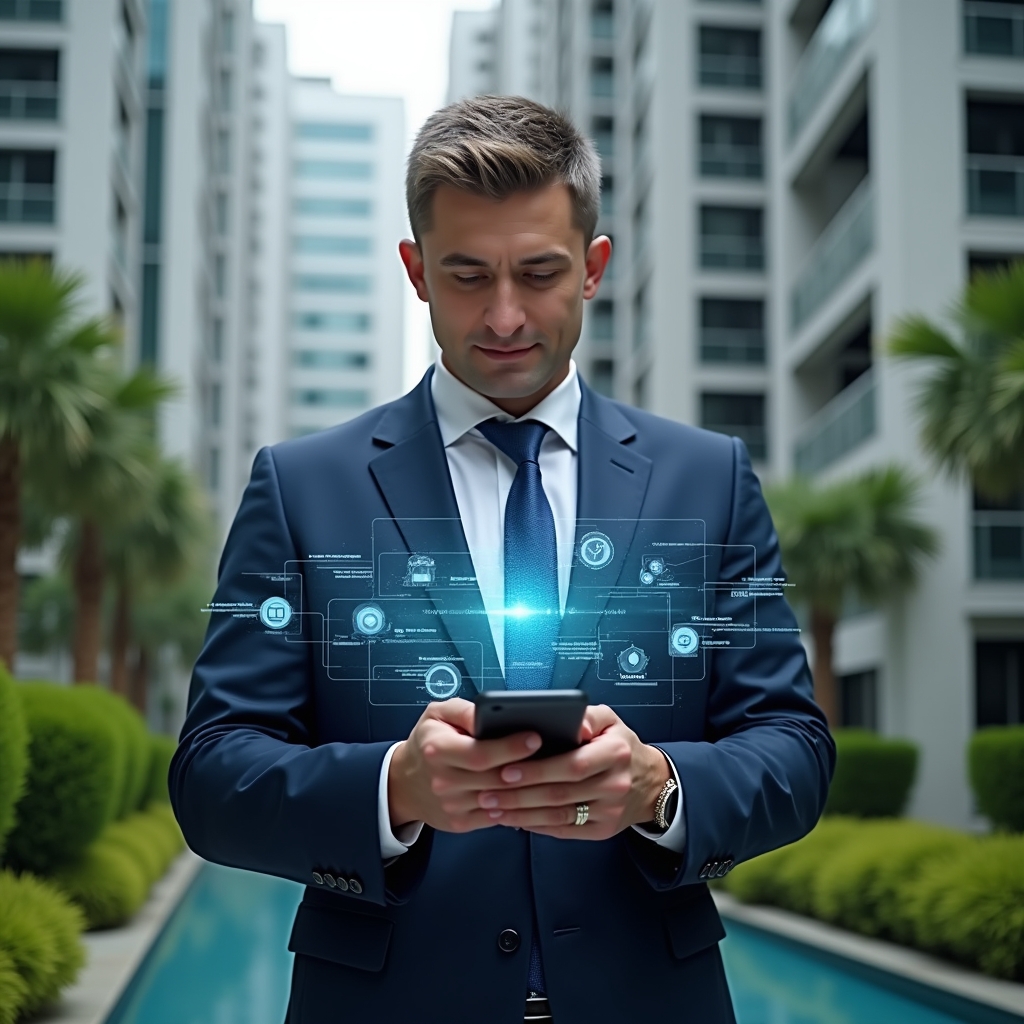Ultra-realistic condominium manager in a navy blue suit, set in a modern luxury condominium environment with high-rise buildings and lush green landscaping, holding a smartphone and analyzing floating holographic icons of financial reports, security alerts and chat messages, confident and focused expression, cinematic lighting, shallow depth of field, highly detailed textures, realistic skin, photographic realism, 8k resolution --ar 1:1 --v 6
