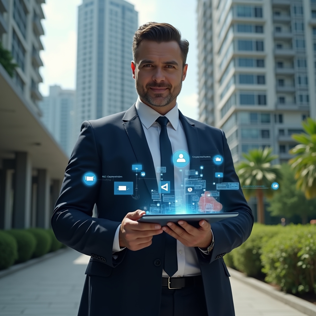 Ultra-realistic condominium manager in a tailored navy suit, set in a modern luxury condominium environment with high-rise buildings and manicured greenery, holding a tablet displaying a holographic condominium management app interface, confidently tapping icons for finance, reservations and communication, subtle floating app icons around, cinematic lighting, shallow depth of field, highly detailed textures, realistic skin, photographic realism, 8k resolution --ar 1:1 --v 6