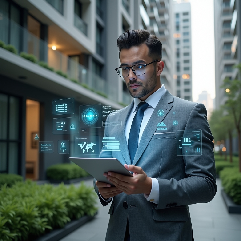 Ultra-realistic condominium manager in a tailored gray suit, set in a modern luxury condominium environment with high-rise buildings and manicured green landscaping, holding a tablet and analyzing a floating holographic dashboard of an app, surrounded by glowing icons representing financial reports and communication tools, confident and focused expression, cinematic lighting, shallow depth of field, highly detailed textures, realistic skin, photographic realism, 8k resolution --ar 1:1 --v 6
