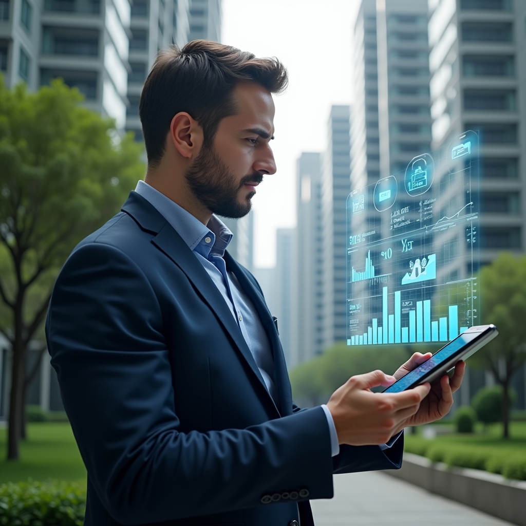 Ultra-realistic condominium manager in a tailored navy suit, set in a modern luxury condominium environment with high-rise buildings and lush green landscaping, holding a tablet displaying a holographic condominium management app interface, confidently analyzing floating financial charts and security icons, cinematic lighting, shallow depth of field, highly detailed textures, realistic skin, photographic realism, 8k resolution --ar 1:1 --v 6
