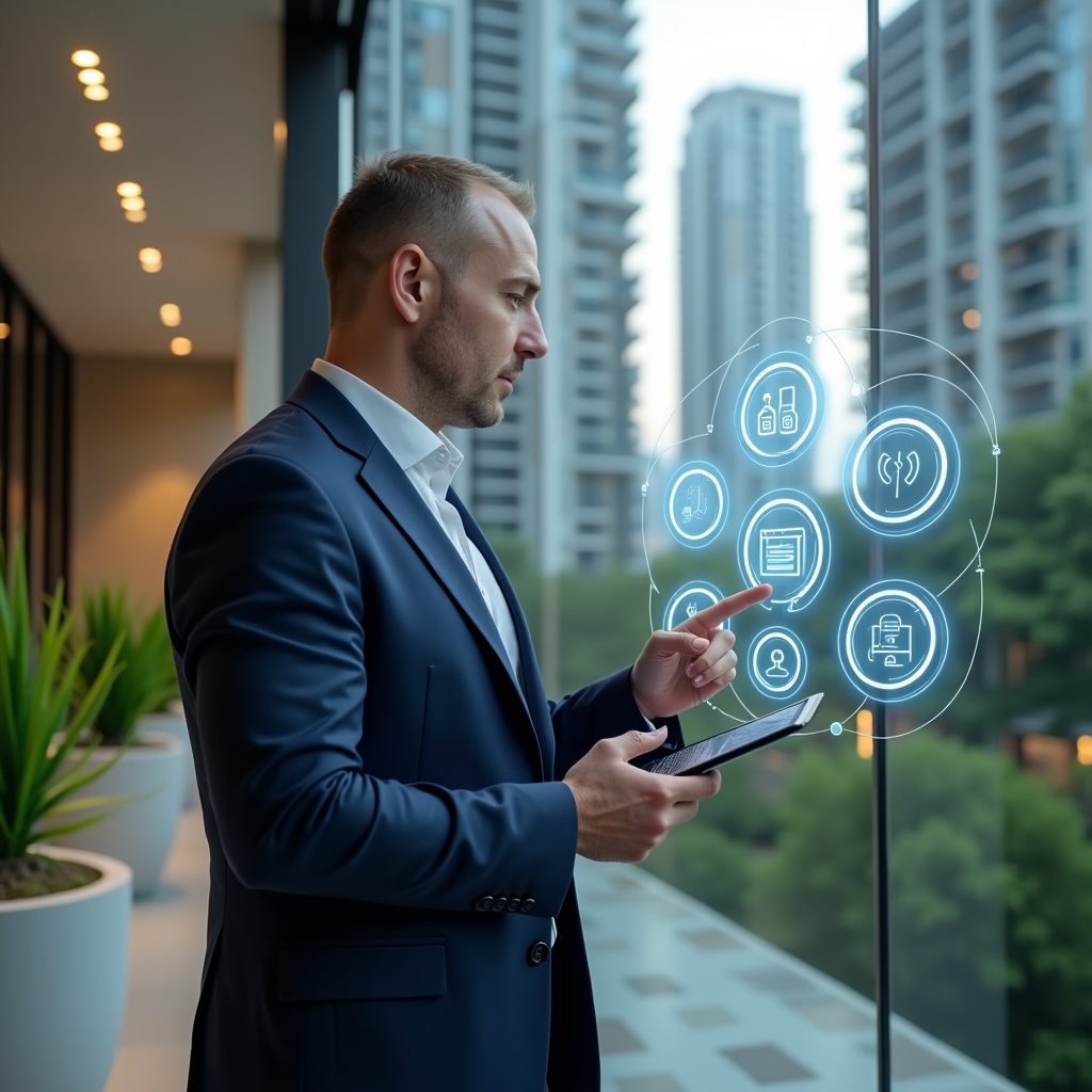 Ultra-realistic condominium manager in a navy executive suit, set in a modern luxury condominium environment with high-rise buildings and pristine green landscaping, holding a digital tablet and confidently pointing at a floating holographic condominium management app interface with icons of security, finance and communication, cinematic lighting, shallow depth of field, highly detailed textures, realistic skin, photographic realism, 8k resolution --ar 1:1 --v 6