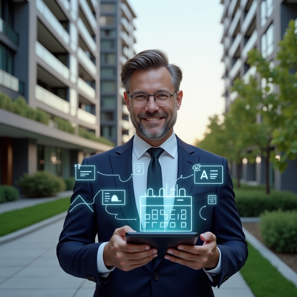 Ultra-realistic property manager in a navy suit, set in a modern luxury condominium environment with high-rise buildings and lush green landscaping, holding a tablet displaying holographic chat bubbles and reservation calendars, confidently smiling as digital icons for communication and analytics float around, cinematic lighting, shallow depth of field, highly detailed textures, realistic skin, photographic realism, 8k resolution --ar 1:1 --v 6