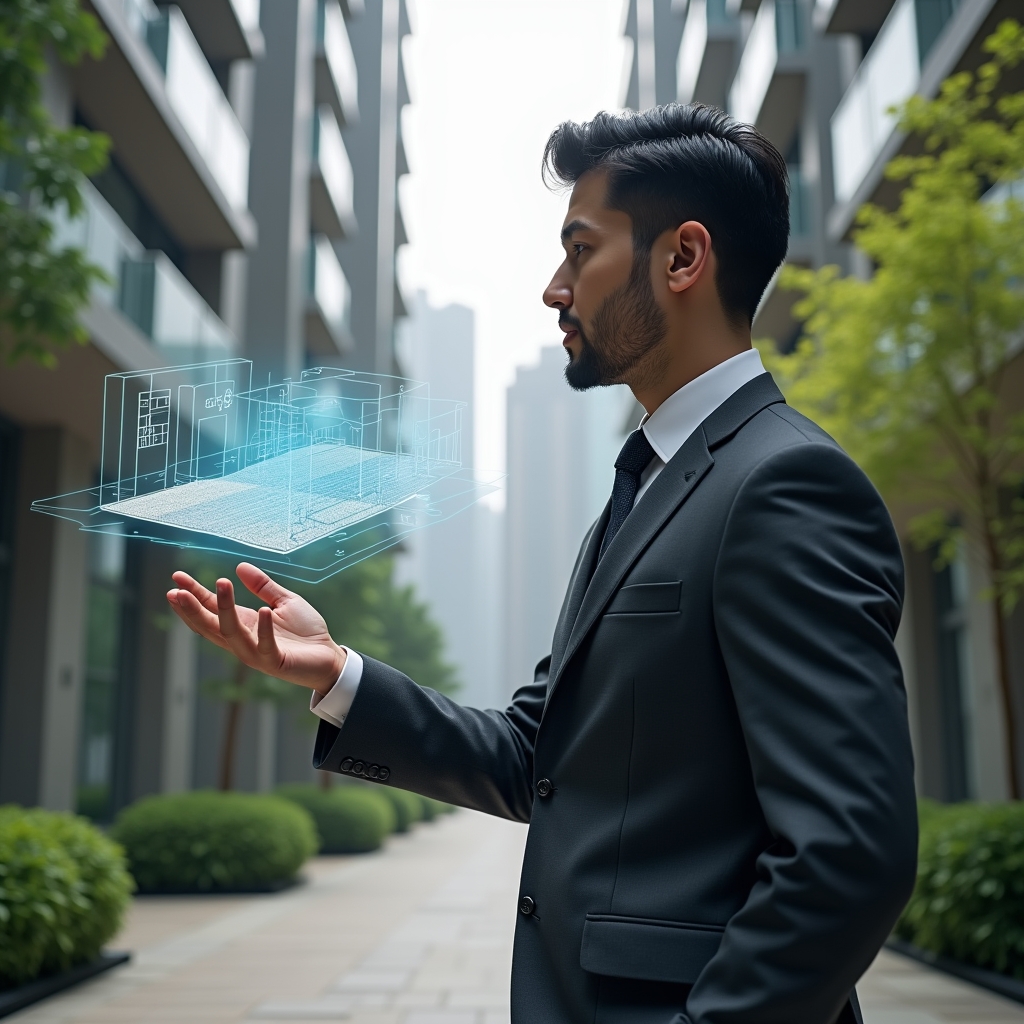 Ultra-realistic condominium manager in a dark gray suit, set in a modern luxury condominium environment with high-rise buildings and manicured green landscaping, thoughtfully examining a holographic 3D ramp and elevator access plan projected above his hand, floating accessibility icons (wheelchair, tactile paving), cinematic lighting, shallow depth of field, highly detailed textures, realistic skin, photographic realism, 8k resolution --ar 1:1 --v 6