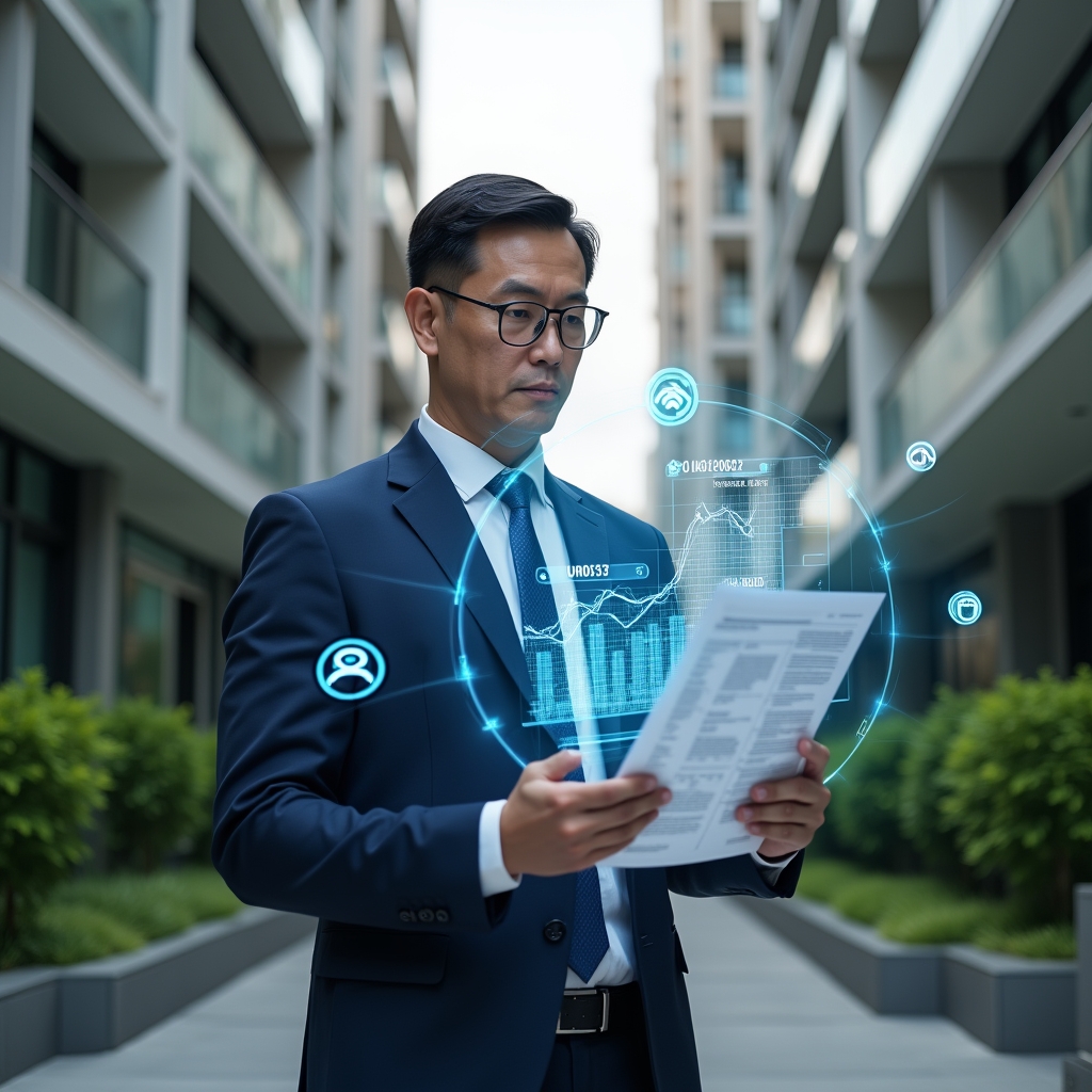 (Ultra-realistic condominium manager in a navy blue suit, set in a modern luxury condominium environment with high-rise buildings and manicured green landscaping, holding and reviewing a transparent holographic financial report with clear charts and graphs, projecting confidence and focus, holographic icons of communication and ledger symbols floating around, cinematic lighting, shallow depth of field, highly detailed textures, realistic skin, photographic realism, 8k resolution --ar 1:1 --v 6)