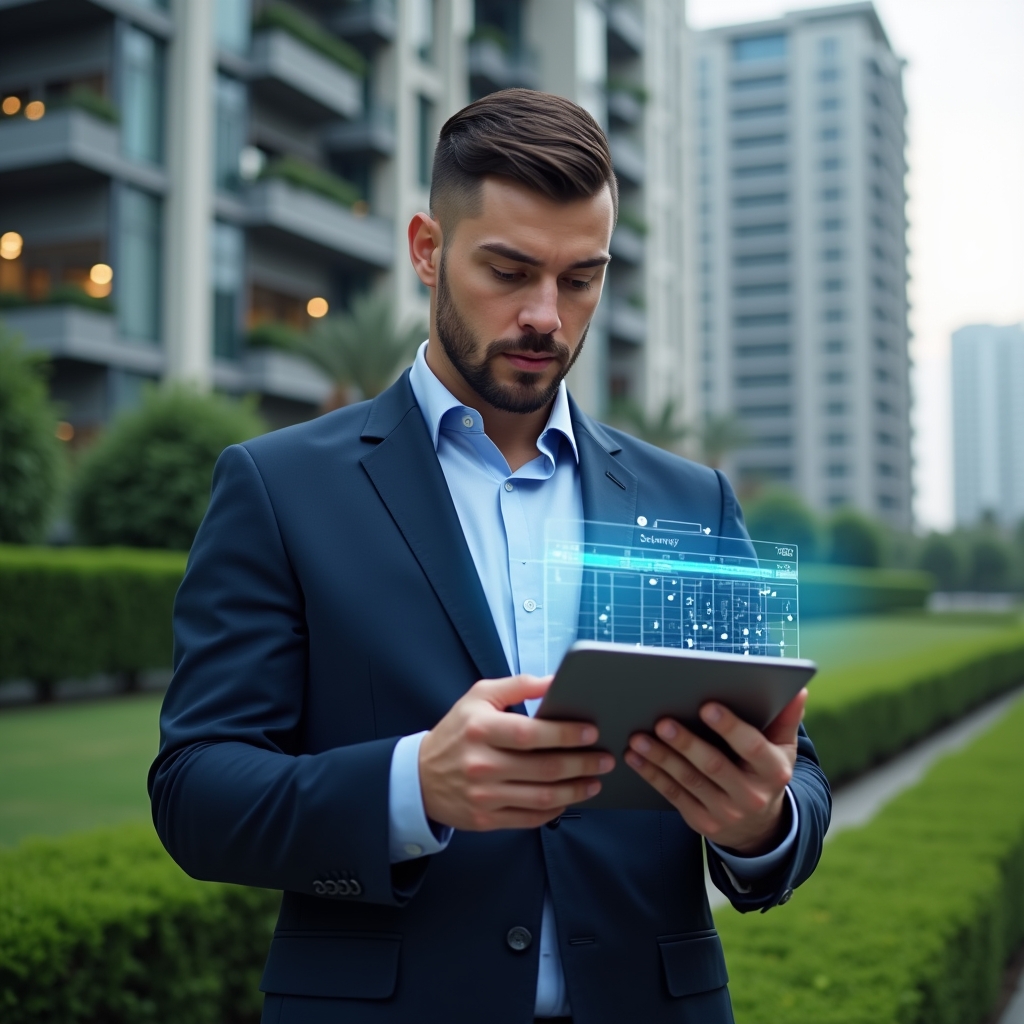 (Ultra-realistic condominium manager in a navy blue suit, set in a modern luxury condominium environment with high-rise buildings and meticulously groomed green landscaping, holding a digital tablet displaying a holographic activity schedule timeline, examining it with a confident and focused expression, floating icons of calendar dates and checkmarks around the tablet, cinematic lighting, shallow depth of field, highly detailed textures, realistic skin, photographic realism, 8k resolution --ar 1:1 --v 6)