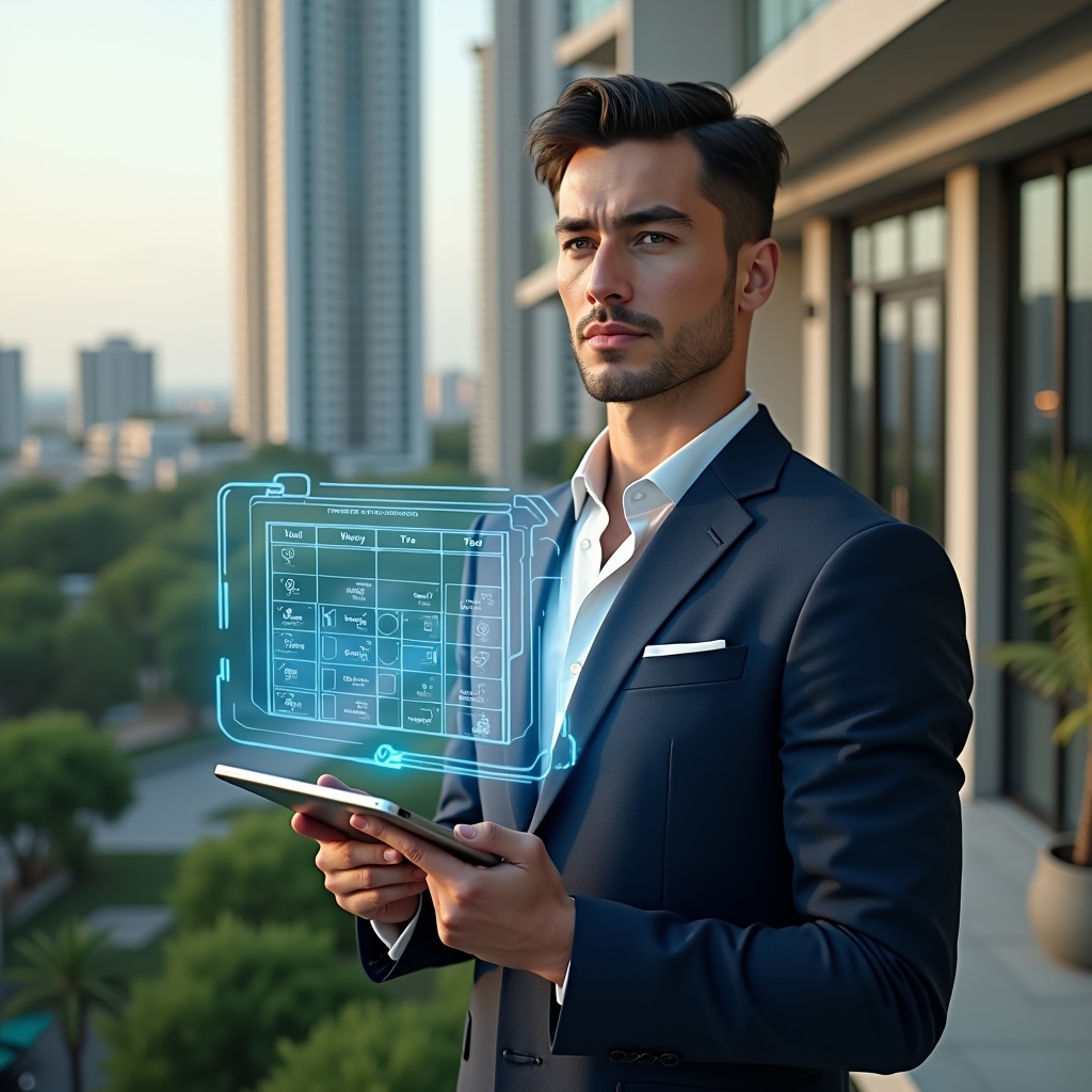 Ultra-realistic condominium manager in a tailored navy suit, set in a modern luxury condominium environment with high-rise buildings and lush green landscaping, holding a tablet projecting a holographic calendar schedule with check marks, confident and focused expression, cinematic lighting, shallow depth of field, highly detailed textures, realistic skin, photographic realism, 8k resolution --ar 1:1 --v 6