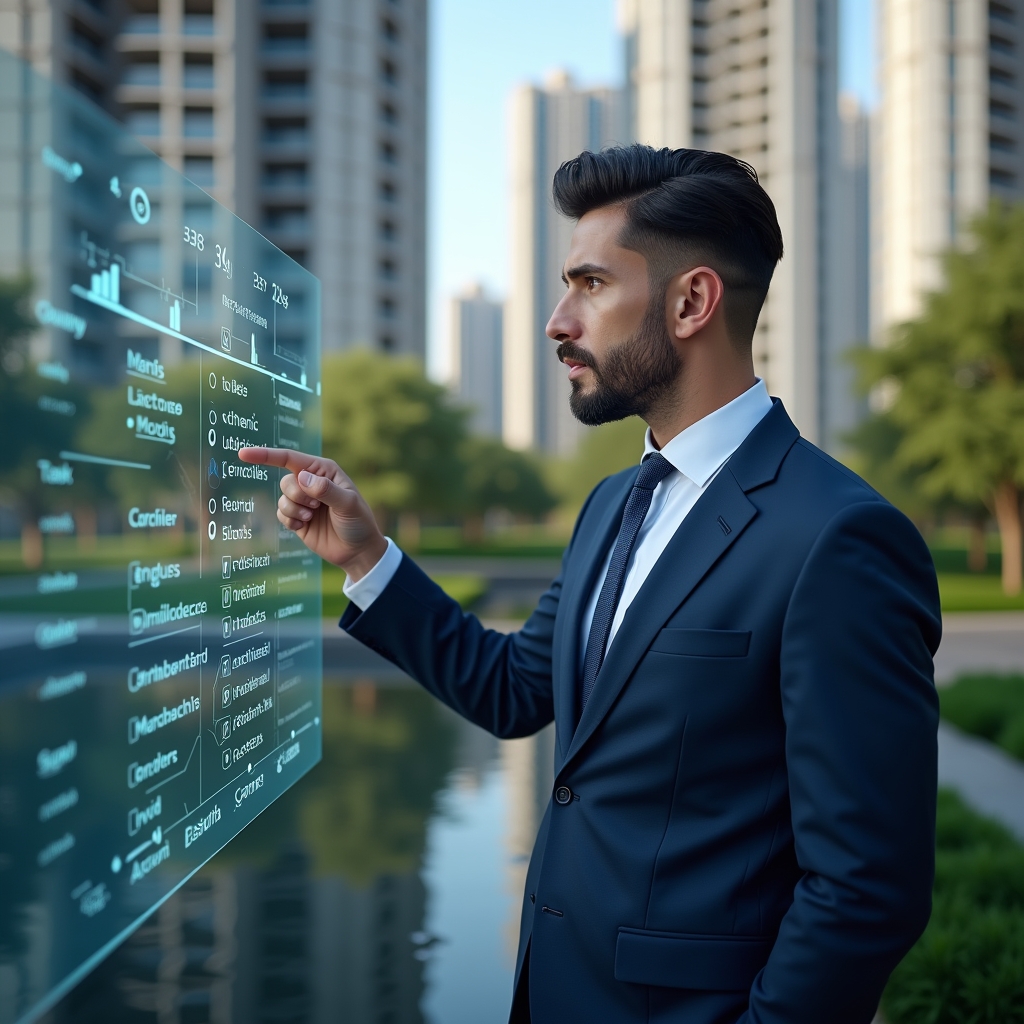 Ultra-realistic condominium manager in a navy blue suit, set in a modern luxury condominium environment with high-rise buildings and lush green landscaping, medium shot of the professional pointing at a holographic calendar timeline with task icons and check marks, confident and focused expression, cinematic lighting, shallow depth of field, highly detailed textures, realistic skin, photographic realism, 8k resolution --ar 1:1 --v 6