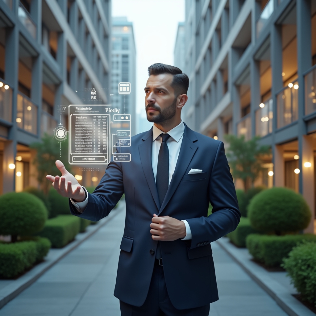 Ultra-realistic condominium manager in a tailored navy suit, set in a modern luxury condominium environment with high-rise buildings and manicured green landscaping, mid-shot showing a confident professional interacting with a holographic schedule and floating calendar icons, cinematic lighting, shallow depth of field, highly detailed textures, realistic skin, photographic realism, 8k resolution --ar 1:1 --v 6