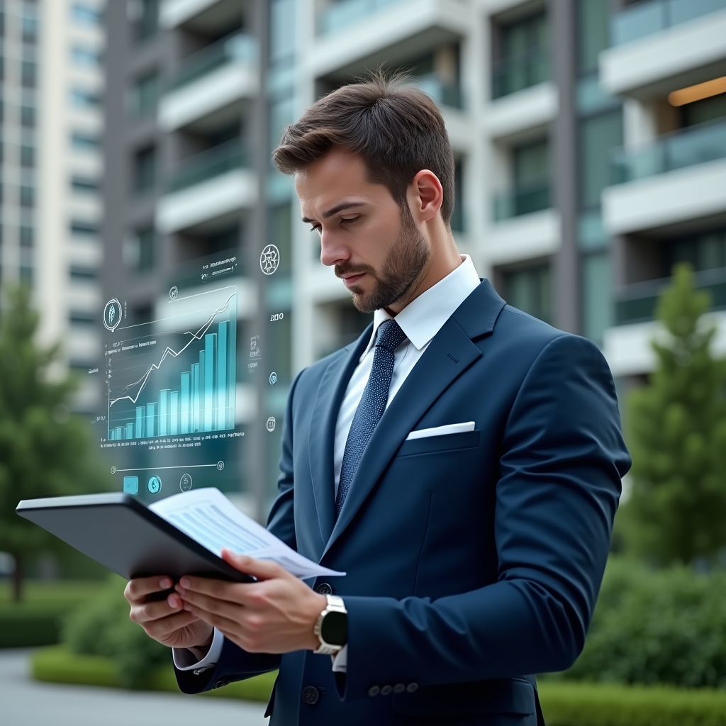 Ultra-realistic condominium manager in a navy blue suit, set in a modern luxury condominium environment with high-rise buildings and manicured green landscaping, holding a digital tablet displaying holographic financial charts, studying reports with a confident, focused expression, holographic finance icons floating around, cinematic lighting, shallow depth of field, highly detailed textures, realistic skin, photographic realism, 8k resolution --ar 1:1 --v 6