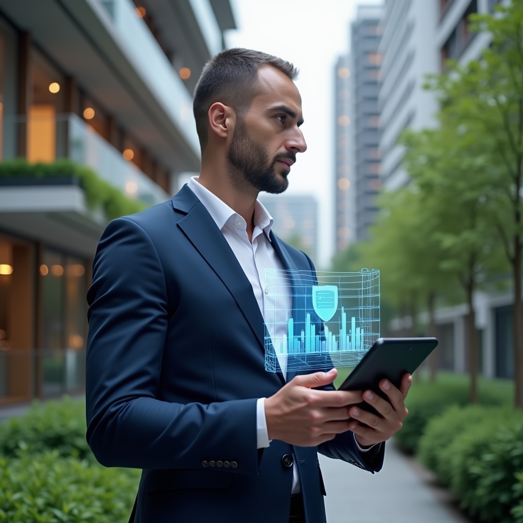 (Ultra-realistic condominium manager in a navy suit, set in a modern luxury condominium environment with high-rise buildings and green landscaping, holding a tablet displaying a holographic financial chart and shield icon, analyzing expenses confidently, cinematic lighting, shallow depth of field, highly detailed textures, realistic skin, photographic realism, 8k resolution --ar 1:1 --v 6)