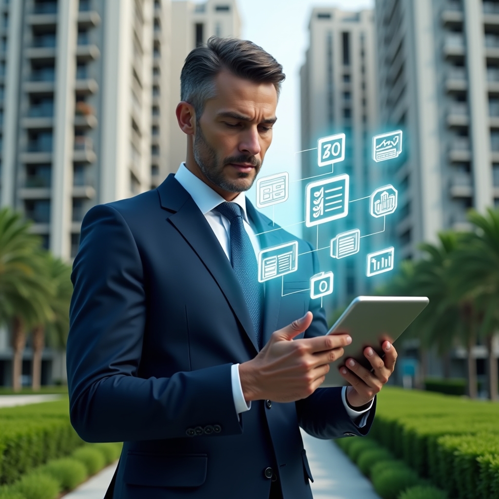 Ultra-realistic condominium manager in a tailored navy suit, set in a modern luxury condominium environment with high-rise buildings and lush green landscaping, mid-shot of a confident property manager analyzing a holographic financial report projected above a tablet, floating document and chart icons symbolizing organized records and transparency, cinematic lighting, shallow depth of field, highly detailed textures, realistic skin, photographic realism, 8k resolution --ar 1:1 --v 6
