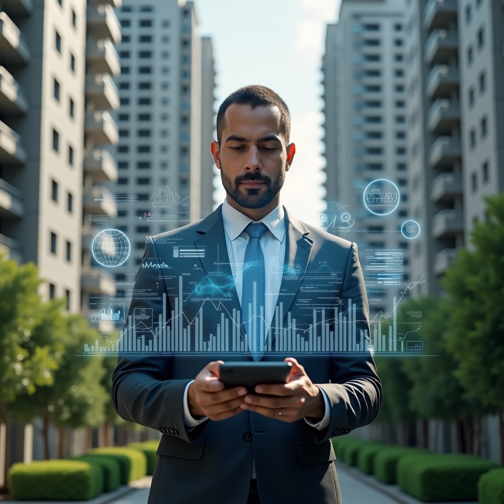(Ultra-realistic condominium manager in a tailored dark gray suit, set in a modern luxury condominium environment with high-rise buildings and lush green landscaping, examining a holographic financial report projection with floating digital charts and ledger icons, confident and focused expression, cinematic lighting, shallow depth of field, highly detailed textures, realistic skin, photographic realism, 8k resolution --ar 1:1 --v 6)
