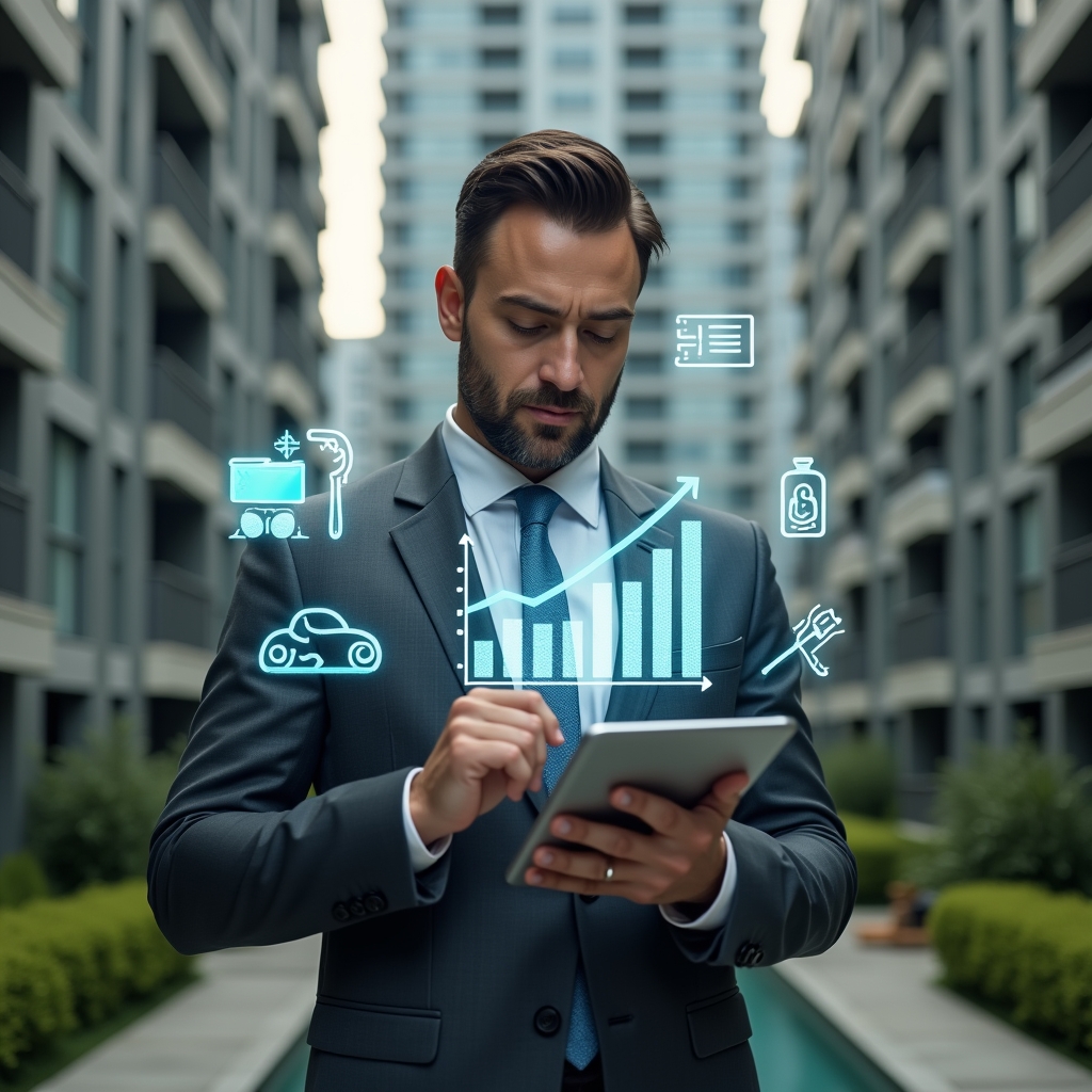 Ultra-realistic condominium manager in a charcoal gray tailored suit, set in a modern luxury condominium environment with high-rise buildings and manicured greenery, analyzing a holographic expense reduction chart projected from a sleek tablet, floating icons of maintenance tools, cleaning supplies and currency symbols around, confident and focused expression, cinematic lighting, shallow depth of field, highly detailed textures, realistic skin, photographic realism, 8k resolution --ar 1:1 --v 6