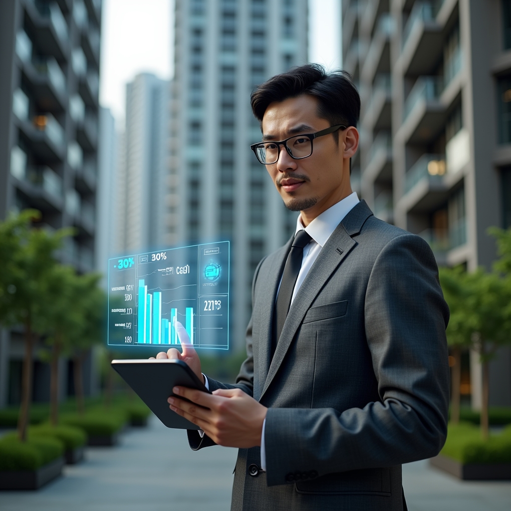 (Ultra-realistic condominium manager in a charcoal gray executive suit, set in a modern luxury condominium environment with high-rise buildings and well-manicured green landscaping, medium shot, holding a digital tablet and pointing to a holographic bar chart showing “–30%” cost reduction, with floating contract icons and supplier negotiation symbols, confident and focused expression, cinematic lighting, shallow depth of field, highly detailed textures, realistic skin, photographic realism, 8k resolution --ar 1:1 --v 6)