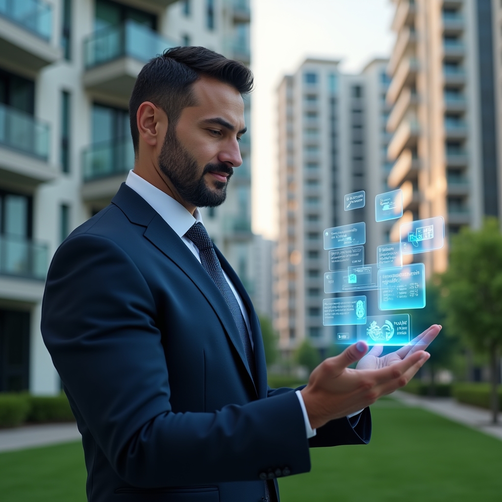 (Ultra-realistic condominium manager in a navy executive suit, set in a modern luxury condominium environment with high-rise buildings and manicured green landscaping, reviewing a holographic interface of chat bubbles and calendar notifications, confident and focused expression, holographic icons floating around representing streamlined communication and conflict reduction, cinematic lighting, shallow depth of field, highly detailed textures, realistic skin, photographic realism, 8k resolution --ar 1:1 --v 6)