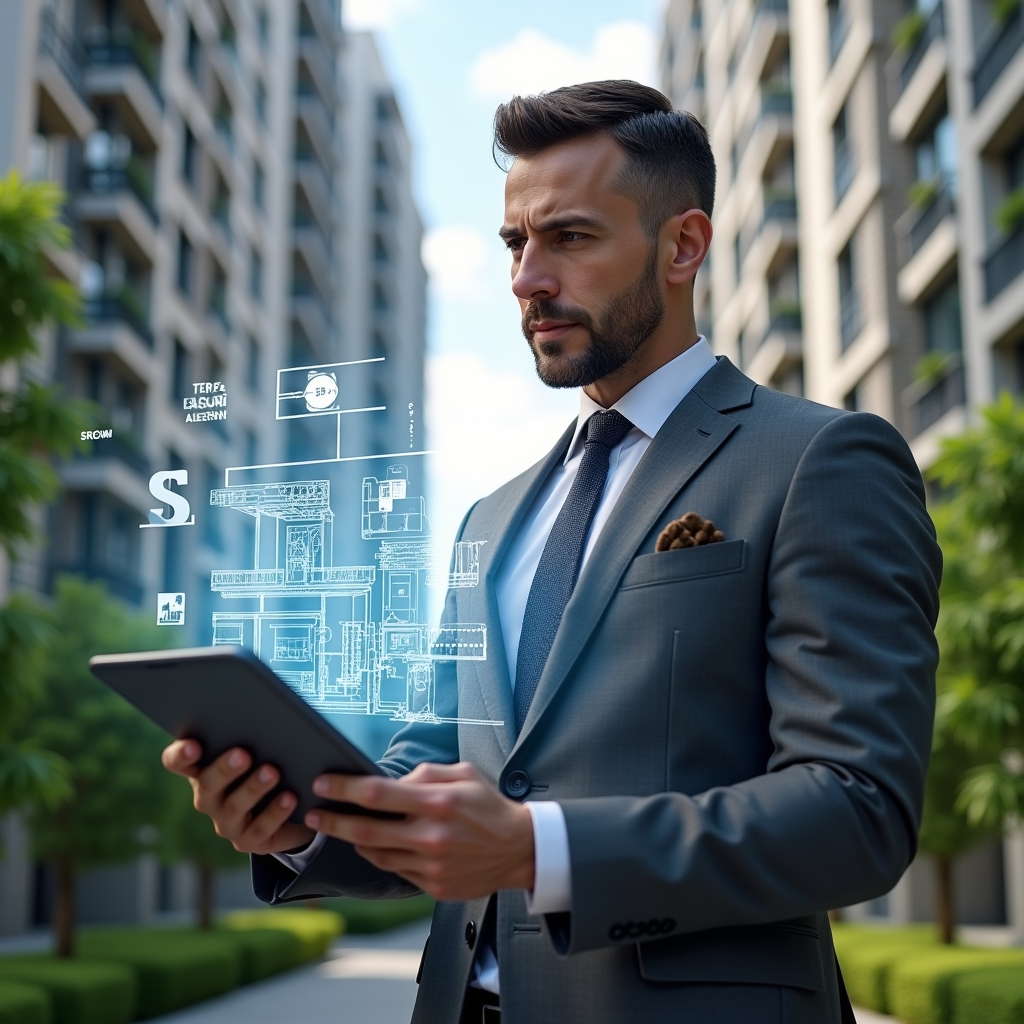 Ultra-realistic property manager in a charcoal gray suit, set in a modern luxury condominium environment with high-rise buildings and manicured green landscaping, reviewing a holographic blueprint of renovation plans with floating cost-saving icons and gear symbols, holding a tablet displaying budget graphs, confident and focused expression, cinematic lighting, shallow depth of field, highly detailed textures, realistic skin, photographic realism, 8k resolution --ar 1:1 --v 6