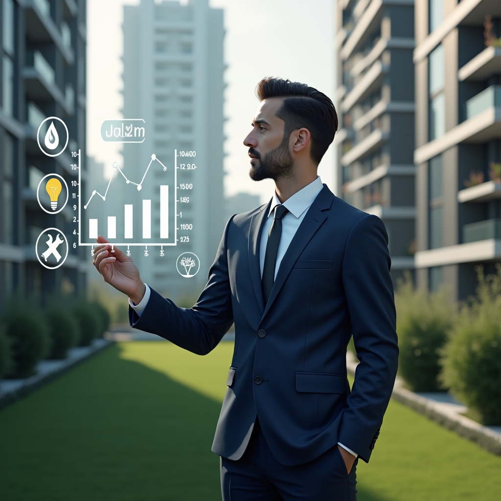 Ultra-realistic condominium manager in a tailored navy blue suit, set in a modern luxury condominium environment with high-rise buildings and meticulously manicured green landscaping, examining a floating holographic budget chart and cost-saving icons (lightbulb, water drop, wrench), confident and thoughtful expression, cinematic lighting, shallow depth of field, highly detailed textures, realistic skin, photographic realism, 8k resolution --ar 1:1 --v 6