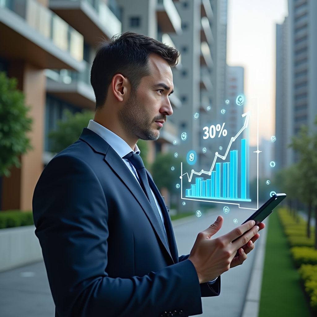 (Ultra-realistic condominium manager in a navy blue suit, set in a modern luxury condominium environment with high-rise buildings and lush green landscaping, reviewing a holographic financial chart displaying a 30% cost reduction, floating icons of dollar signs and bar graphs around them, confident and focused expression, cinematic lighting, shallow depth of field, highly detailed textures, realistic skin, photographic realism, 8k resolution --ar 1:1 --v 6)