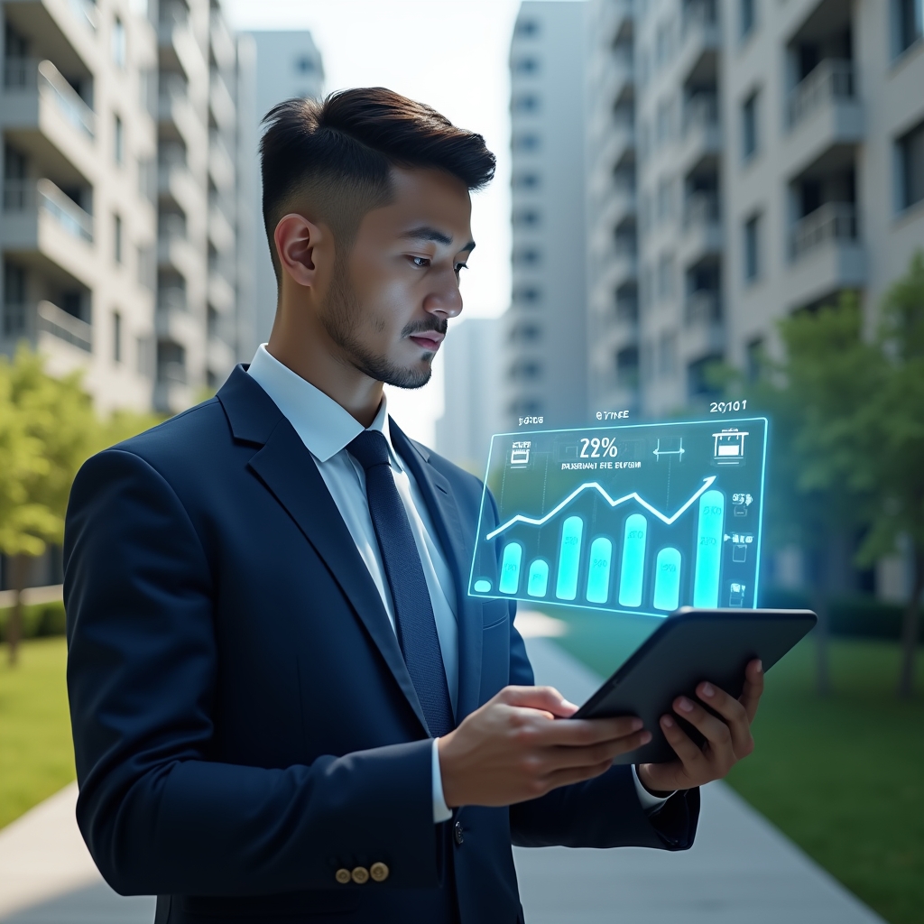 Ultra-realistic condominium manager in a navy blue tailored suit, set in a modern luxury condominium environment with high-rise buildings and lush green landscaping, analyzing a holographic financial chart showing decreasing interest rates and fines, holding a digital tablet with floating percentage and calendar icons symbolizing negotiated payments, confident and focused expression, cinematic lighting, shallow depth of field, highly detailed textures, realistic skin, photographic realism, 8k resolution --ar 1:1 --v 6