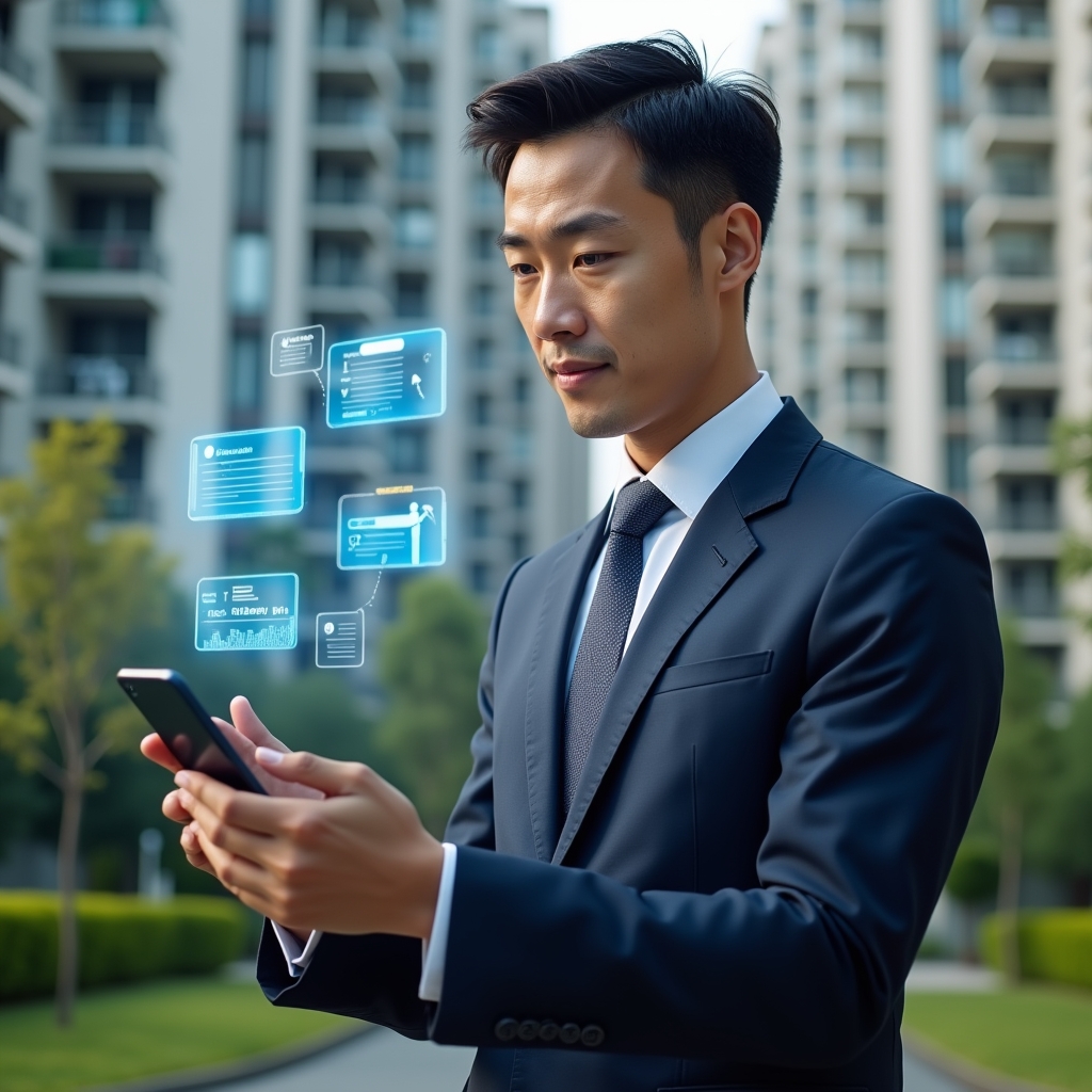 Ultra-realistic condominium manager in a navy executive suit, set in a modern luxury condominium environment with high-rise buildings and meticulously landscaped greenery, holding a smartphone displaying holographic chat bubbles, digital notices and a virtual meeting interface, confident and engaged expression, cinematic lighting, shallow depth of field, highly detailed textures, realistic skin, photographic realism, 8k resolution --ar 1:1 --v 6